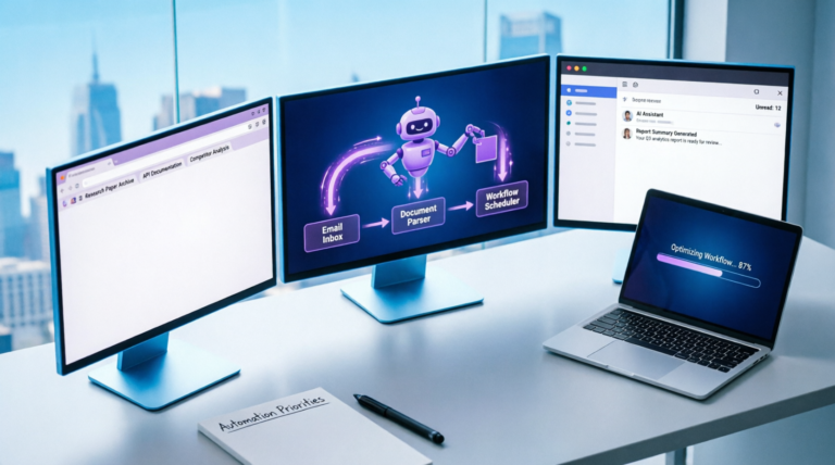 AI agent automating repetitive online tasks in a modern office