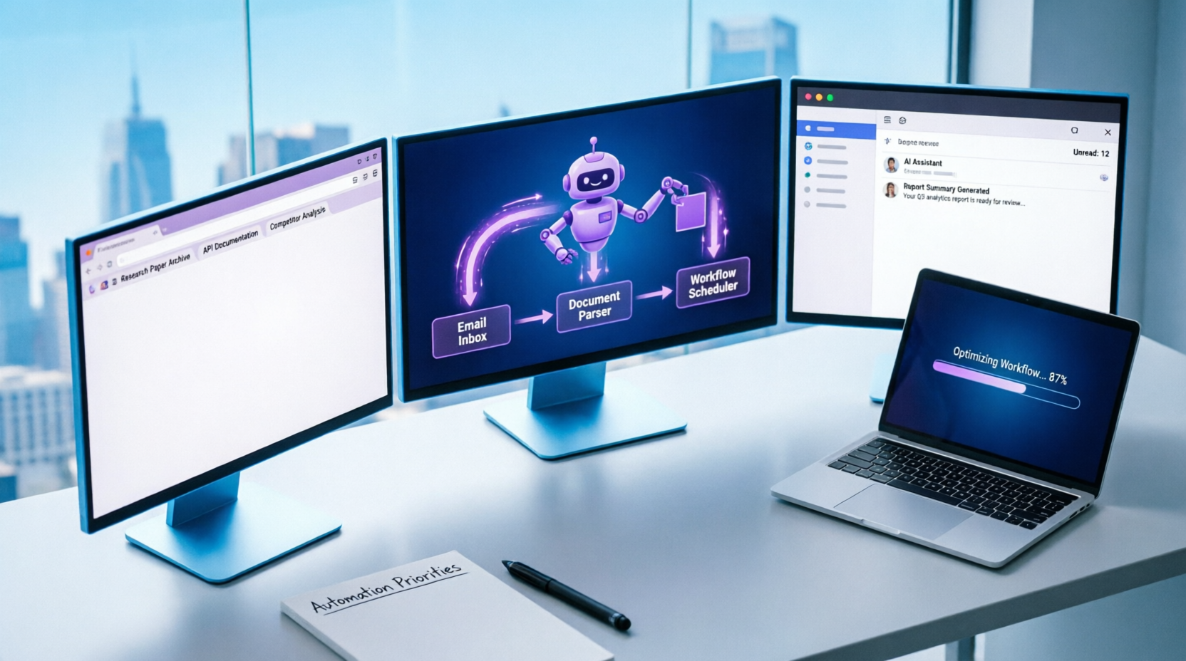 AI agent automating repetitive online tasks in a modern office