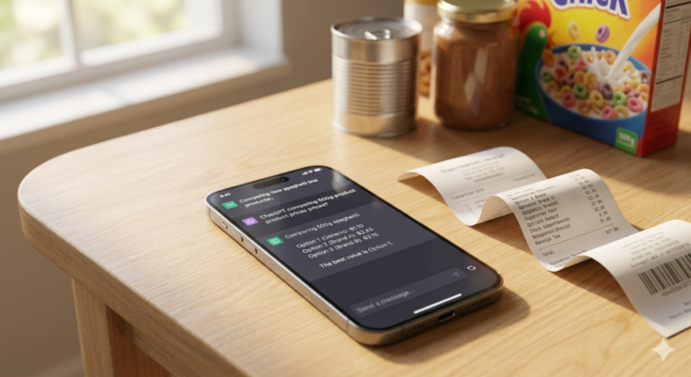 Phone showing a free AI chatbot comparing grocery product prices beside a real supermarket receipt on a kitchen table" AI image prompt: "A smartphone placed flat on a light wooden kitchen table showing a ChatGPT-style text conversation comparing three grocery product prices. A printed supermarket receipt curls beside the phone. In the soft background, a few grocery items — a tin, a jar, a cereal box — sit out of focus. Warm morning light, realistic, no text overlays on image.