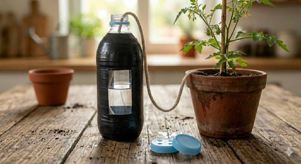 2‑liter bottle wrapped in black electrical tape with a small window cut out to check water level