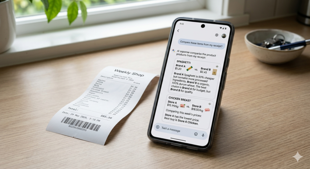Weekly grocery shop receipt and smartphone with AI interface showing product comparison results