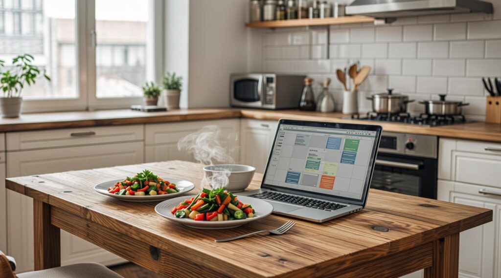 A family dinner setup showing simple, healthy meals arranged on a dining table next to a digital planner