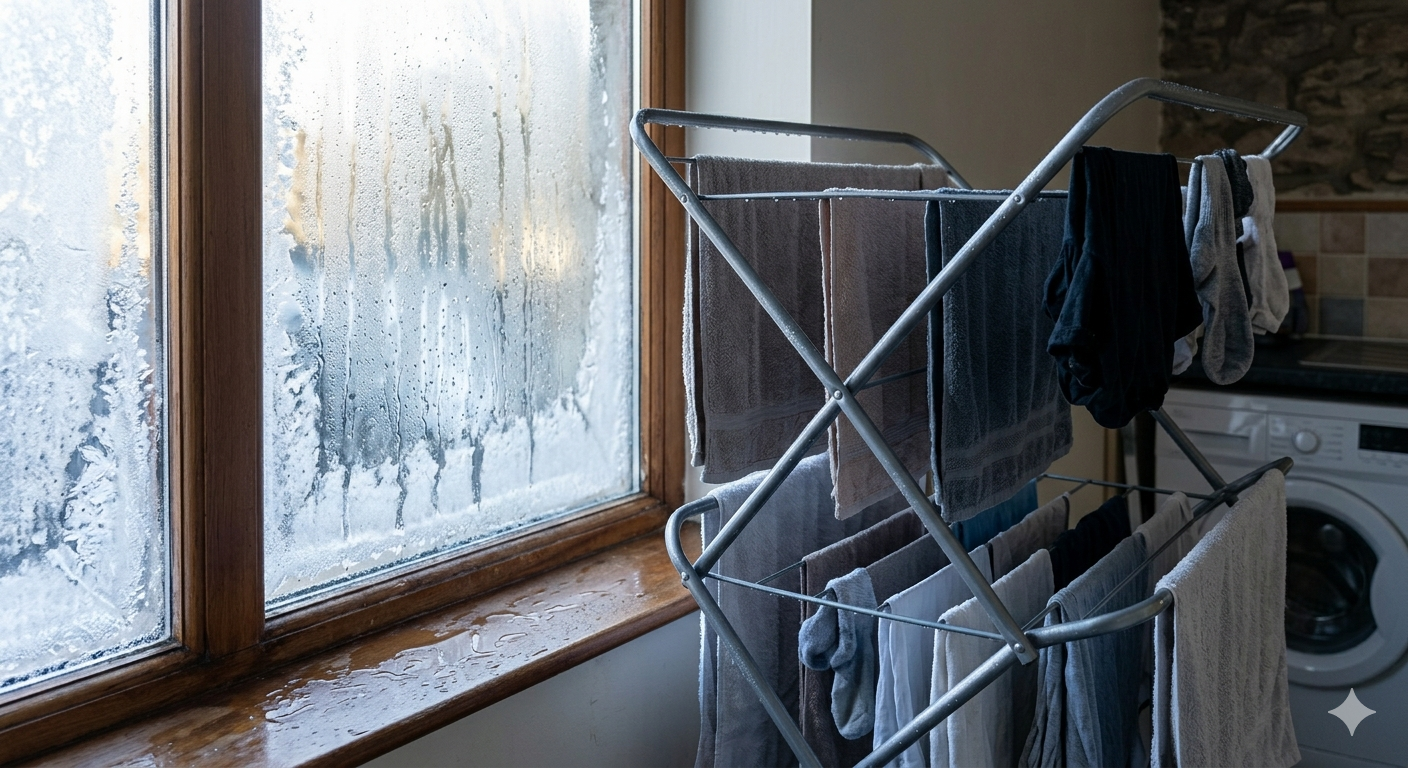 Grey metal drying rack placed near a frosty window with condensation visible on glass — example of poor placement allowing moisture to settle