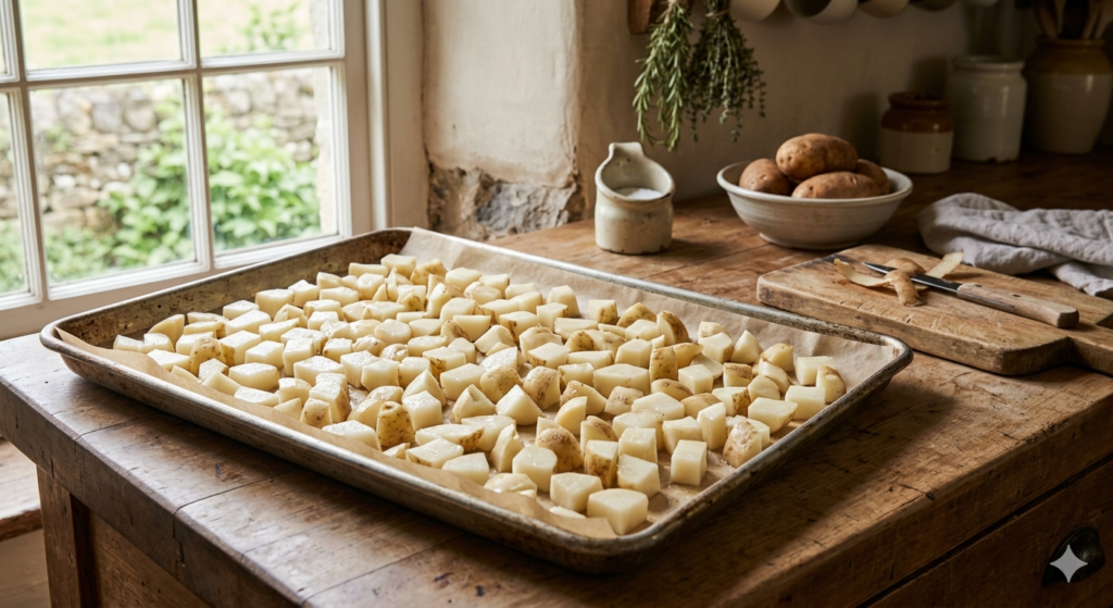 Lime‑sized pieces of cut potato laid out on a wire cooling rack, showing dried, callused cut surfaces