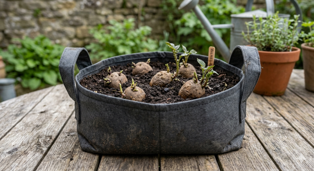 Black fabric grow bag partially filled with potting soil, showing 3 seed potato pieces placed on surface