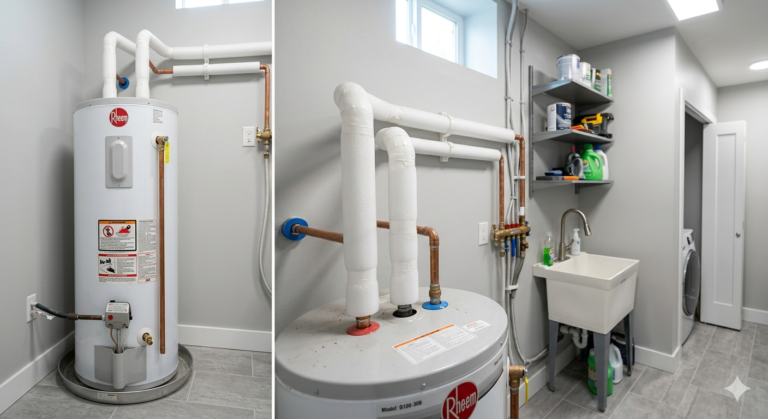 Foam pipe insulation installed on exposed hot water pipes near a water heater