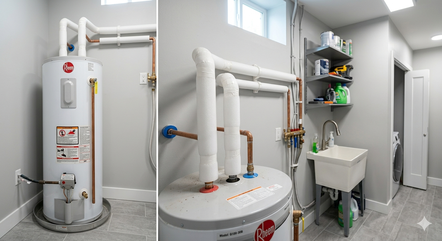Foam pipe insulation installed on exposed hot water pipes near a water heater