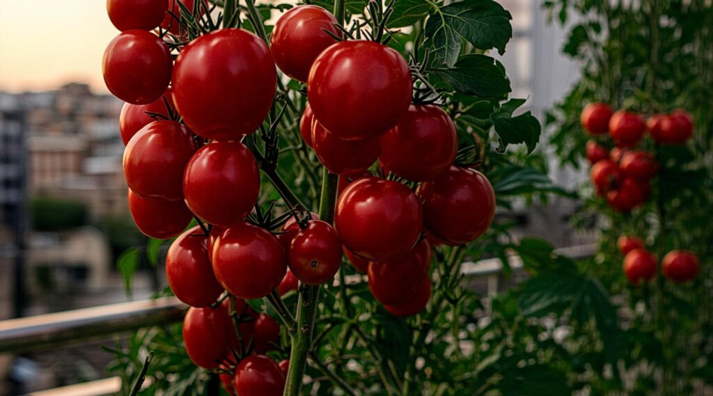 Ripe red cherry tomatoes growing on a healthy green vine on an outdoor urban balcony space