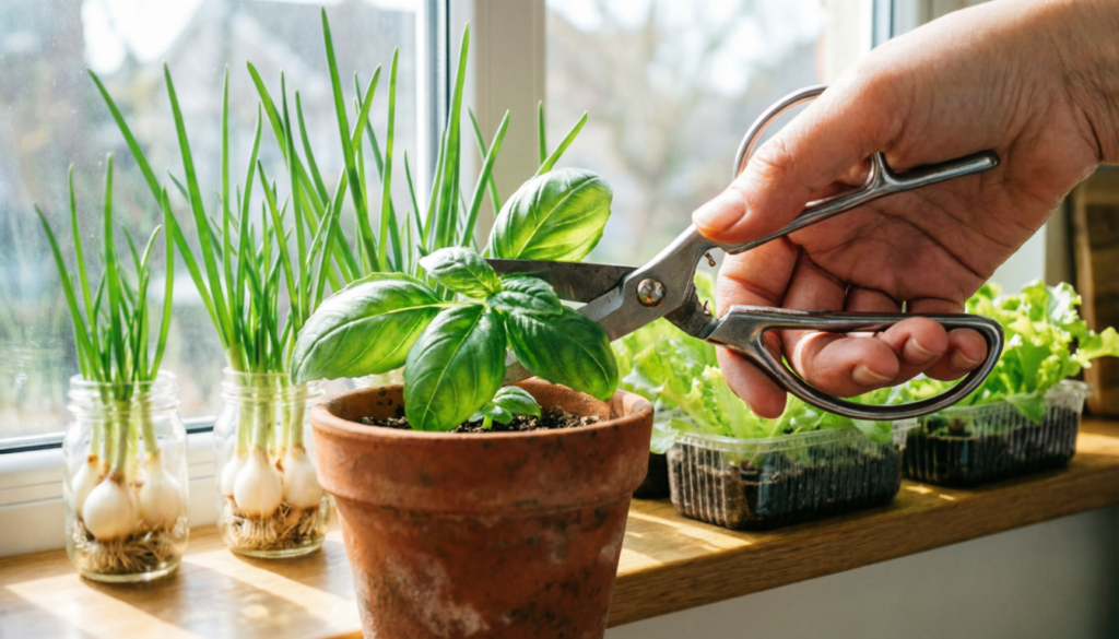 Hand cutting fresh green basil leaves from a potted plant on a bright indoor windowsill