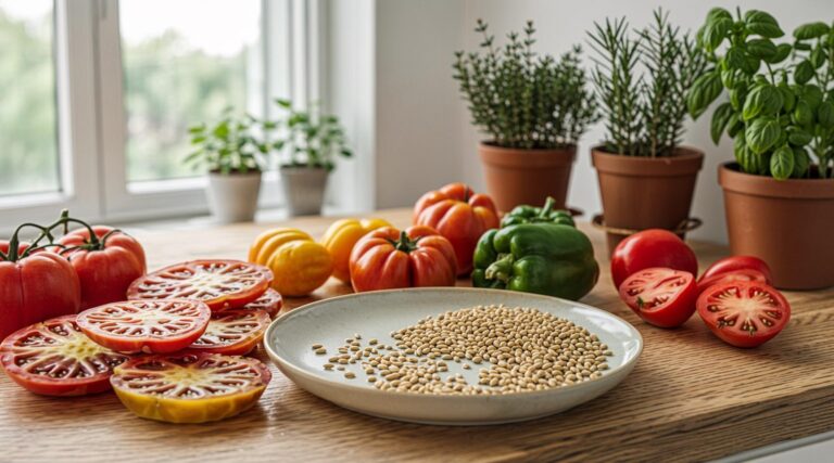 A close-up view of sliced open fresh organic produce alongside a clean plate holding extracted seeds prepared for backyard propagation.