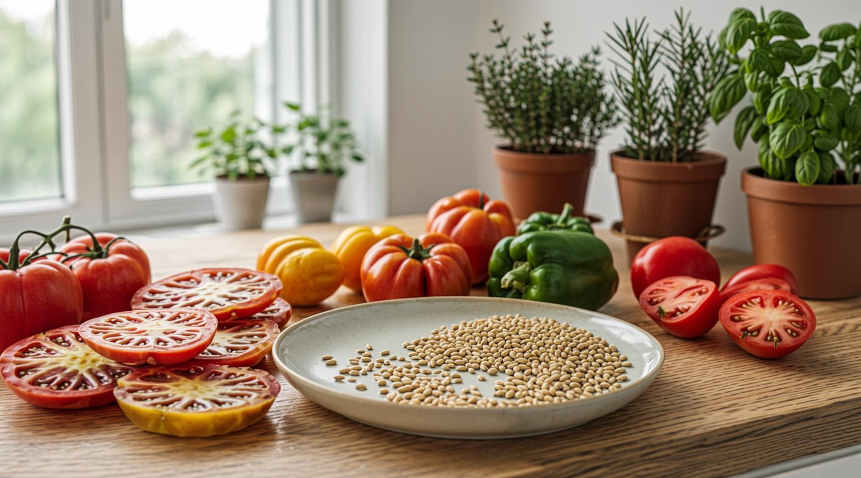 A close-up view of sliced open fresh organic produce alongside a clean plate holding extracted seeds prepared for backyard propagation.