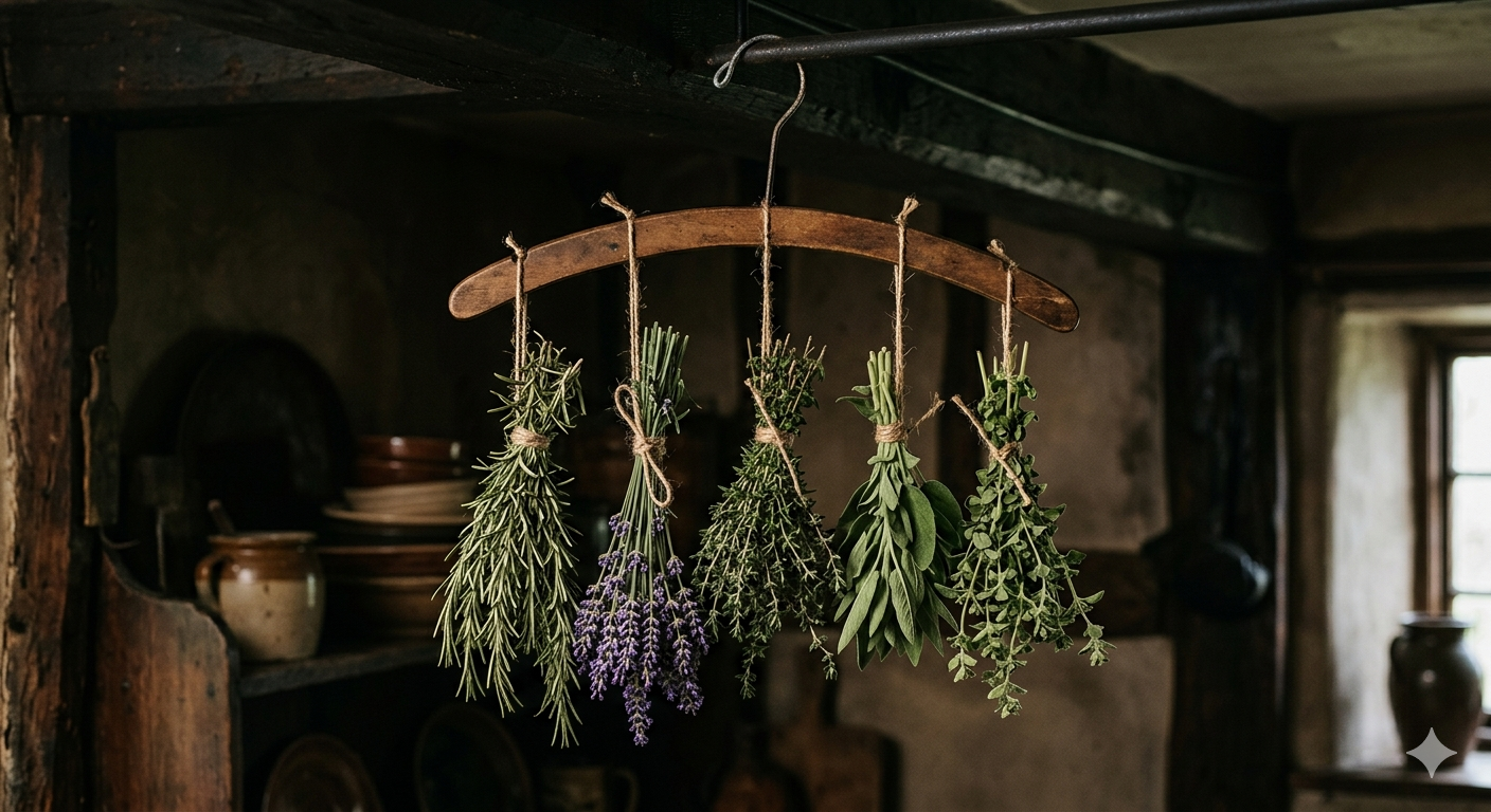 Small bundles of rosemary, thyme and oregano hanging upside down to air dry in a dim room