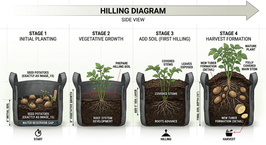 Cross‑section illustration of grow bag showing initial soil level at 4 inches, then after two hillings at 8 and 12 inches