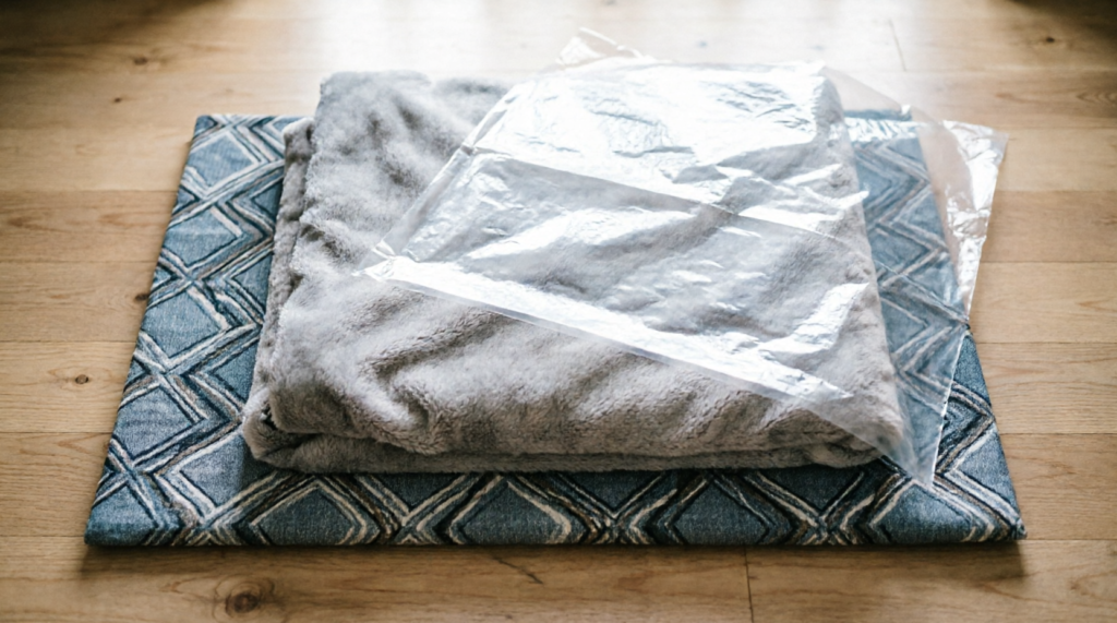 Flat lay of a patterned curtain, grey fleece, and plastic drop cloth on wood floor.
