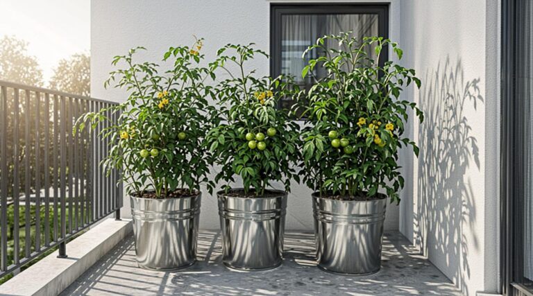 A vibrant, healthy green tomato plant loaded with heavy clusters of ripe red tomatoes growing out of a 5-gallon utility bucket on a small apartment balcony.