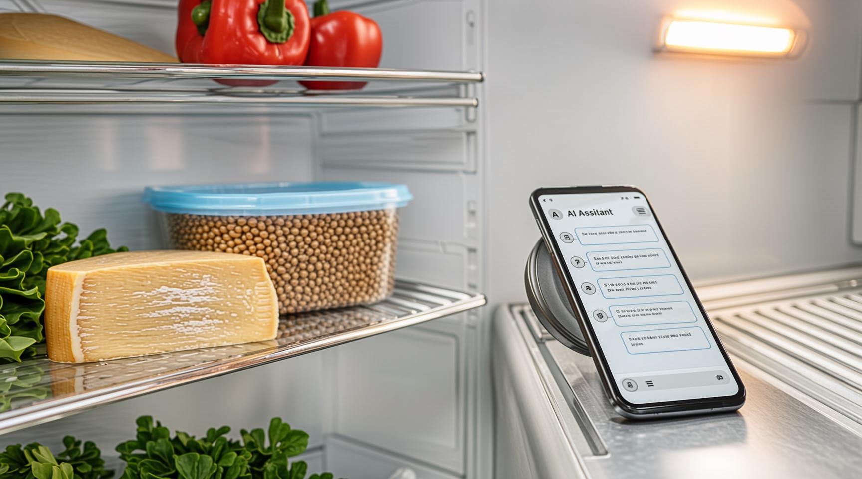A phone with an open text layout sitting next to scattered kitchen ingredients and open refrigerator shelves