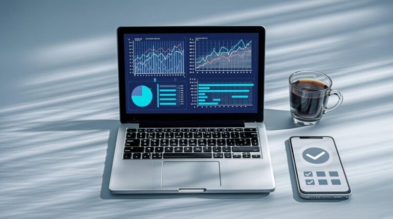 A modern desktop setup showing a laptop utilizing an AI processing framework to isolate recurring fee balances on a digital statement spreadsheet.