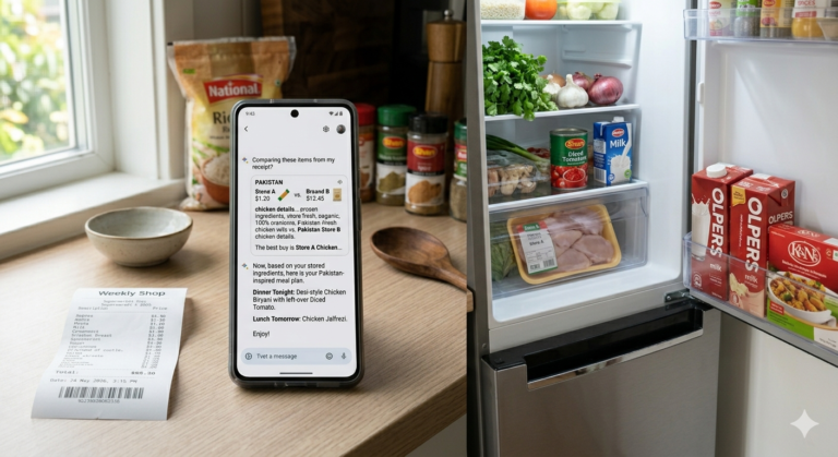 Smartphone with AI chat interface showing meal plan, placed next to an open refrigerator with visible ingredients — how AI turns what you own into dinner