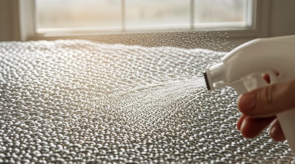 Close-up of water being sprayed onto clear plastic bubble wrap material near a home window pane