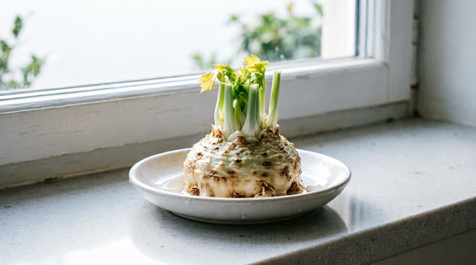 Celery stump with green shoots in white dish on sunny windowsill