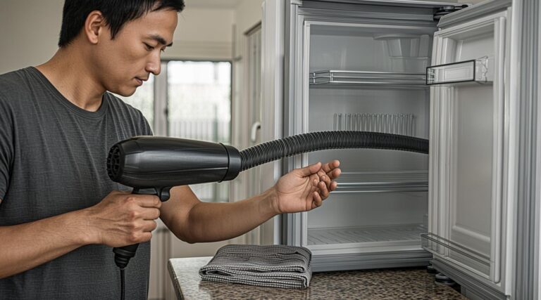 Using a warm hair dryer to soften and expand the rubber door seal of a refrigerator