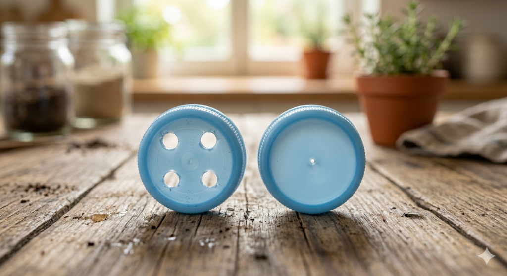 Two bottle caps side by side — left cap has 4 larger holes, right cap has 1 tiny pin hole