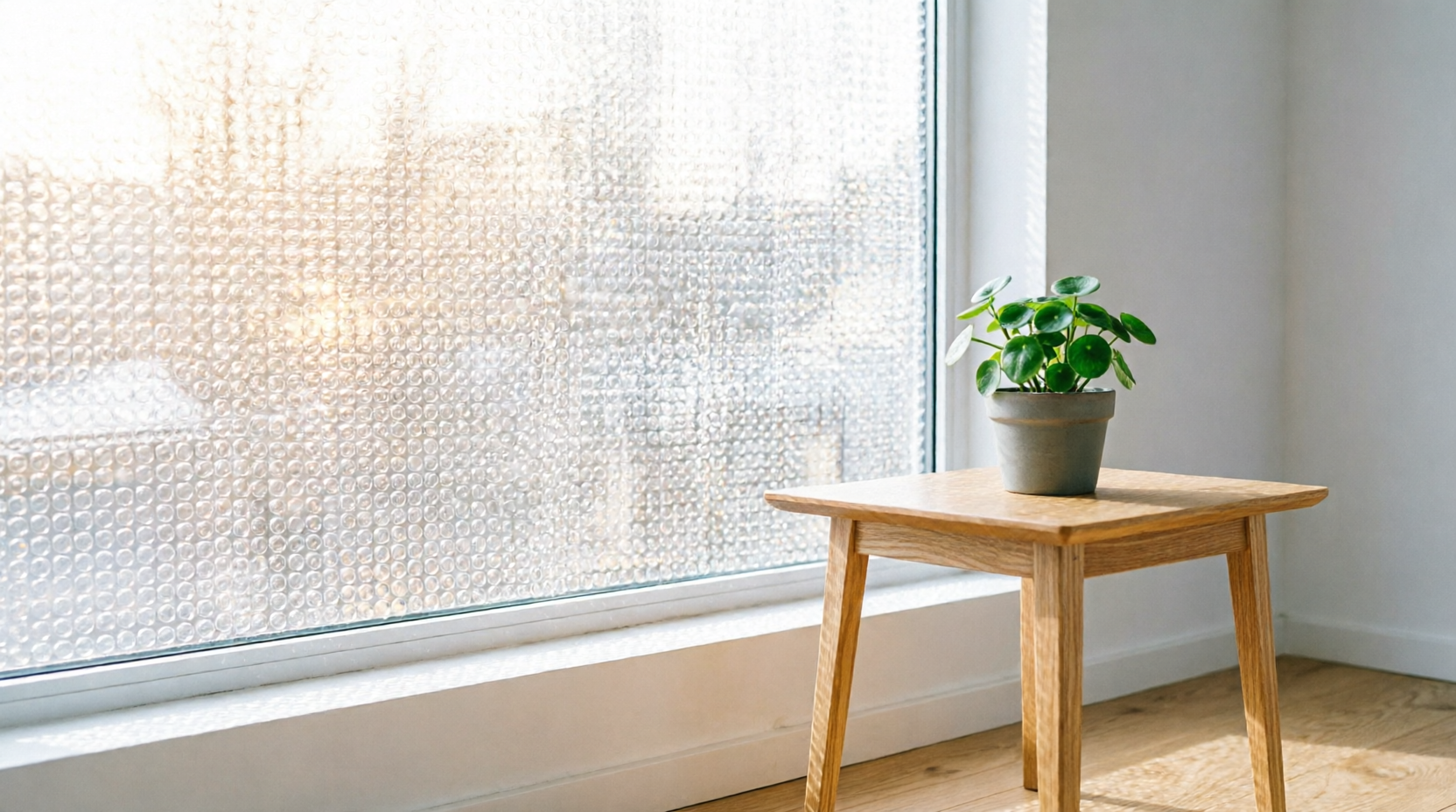 A bright, modern room interior featuring a large window covered in neat bubble wrap for insulation. Soft, warm daylight filters through the bubbles, illuminating a small wooden table with a green potted plant beside it. The scene is clean, organized, and realistic with no text overlays.