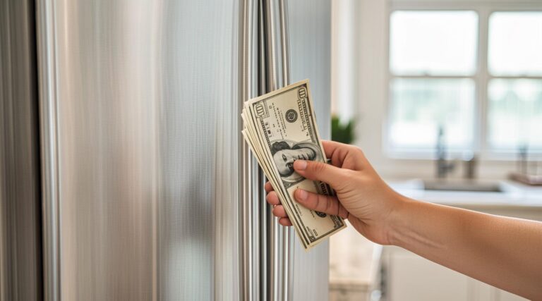 A hand performing the dollar bill test on a closed stainless steel refrigerator door to check the rubber gasket seal for air leaks.
