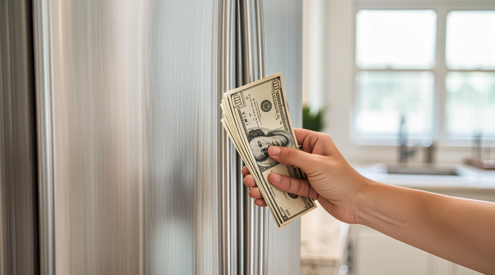 A hand performing the dollar bill test on a closed stainless steel refrigerator door to check the rubber gasket seal for air leaks.