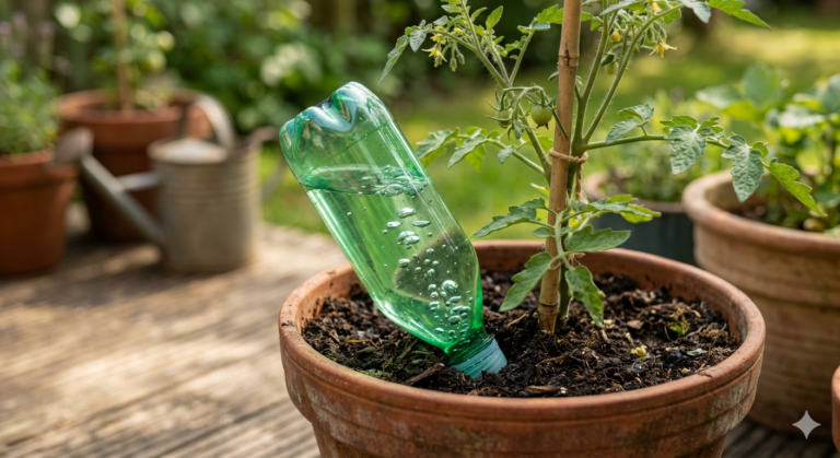 Green plastic bottle buried neck‑down in a terracotta pot with a tomato plant, air bubbles visible in bottle