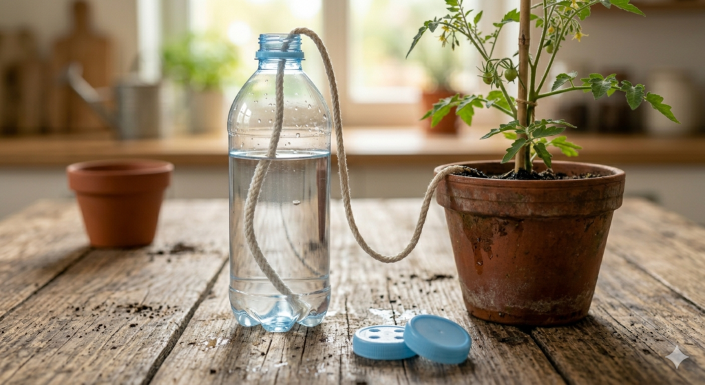 Plastic bottle sitting upright next to pot, cotton string running from cap into soil, water level visible