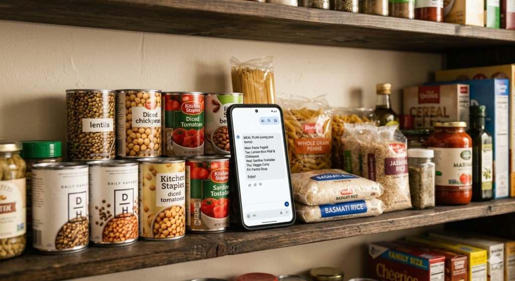 Simple family weeknight meals laid out beside a digital meal planner on a phone screen