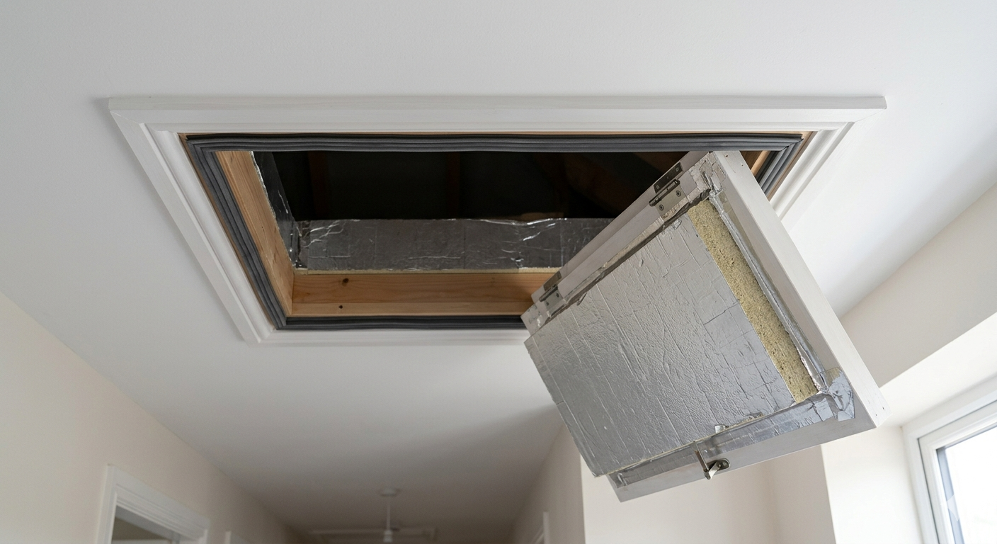 a clean, high-resolution photo of a loft hatch with weatherstripping visible around the frame and rigid foam board attached to the back