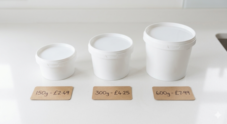 Three different sizes of the same grocery product lined up to illustrate unit price comparison