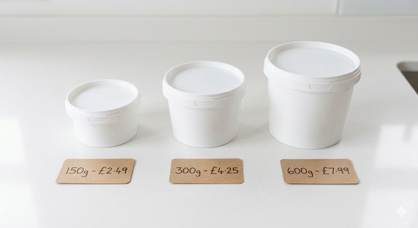 Three different sizes of the same grocery product lined up to illustrate unit price comparison