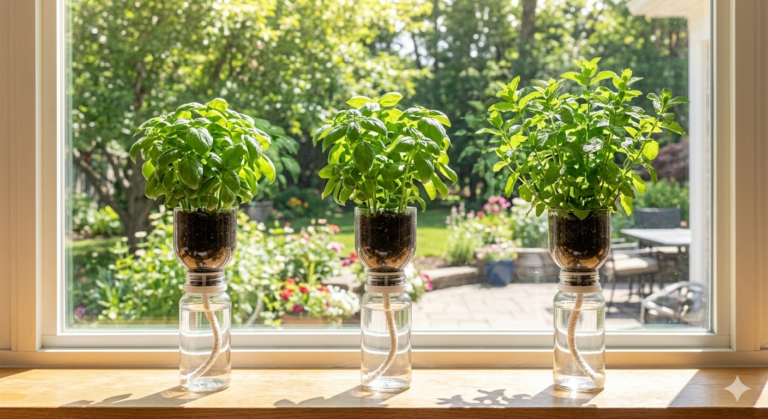 Three clear plastic bottles are converted into self-watering planters lined up on a wooden window ledge. Each planter features a top section inverted filled with soil growing lush green basil and mint, with a thick wick trailing down into the water-filled bottom reservoir below.
