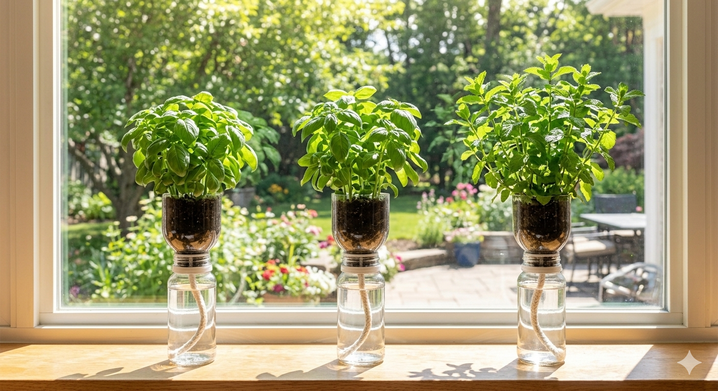 Three clear plastic bottles are converted into self-watering planters lined up on a wooden window ledge. Each planter features a top section inverted filled with soil growing lush green basil and mint, with a thick wick trailing down into the water-filled bottom reservoir below.